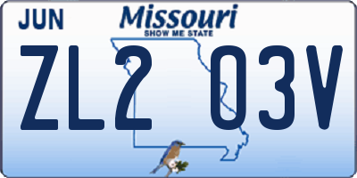 MO license plate ZL2O3V
