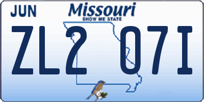 MO license plate ZL2O7I