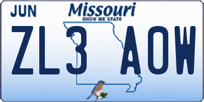 MO license plate ZL3A0W