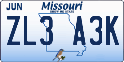 MO license plate ZL3A3K