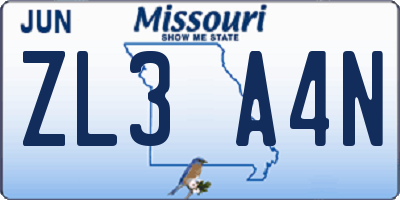 MO license plate ZL3A4N
