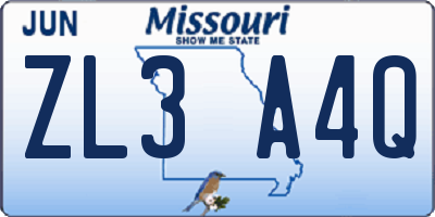 MO license plate ZL3A4Q