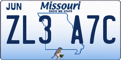 MO license plate ZL3A7C