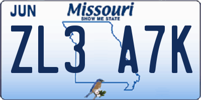 MO license plate ZL3A7K