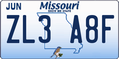 MO license plate ZL3A8F
