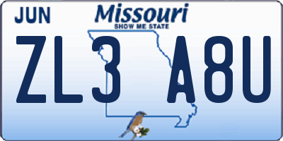 MO license plate ZL3A8U