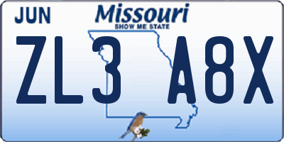 MO license plate ZL3A8X