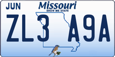 MO license plate ZL3A9A