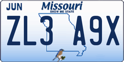 MO license plate ZL3A9X
