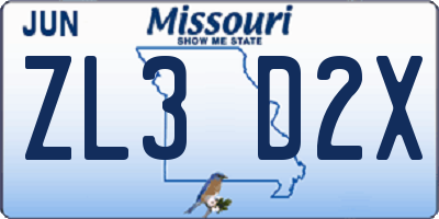 MO license plate ZL3D2X