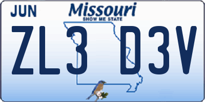 MO license plate ZL3D3V
