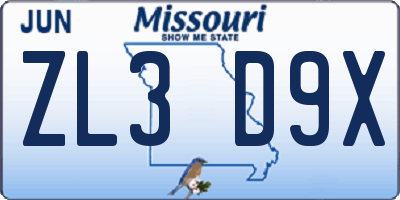 MO license plate ZL3D9X