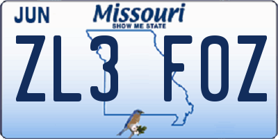 MO license plate ZL3F0Z