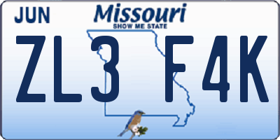 MO license plate ZL3F4K