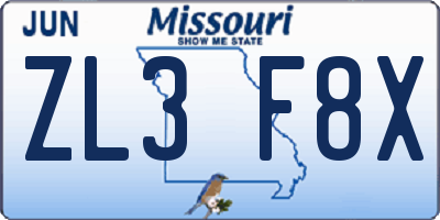 MO license plate ZL3F8X