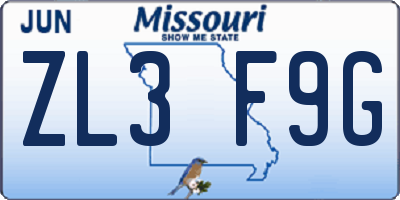 MO license plate ZL3F9G