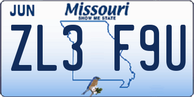 MO license plate ZL3F9U
