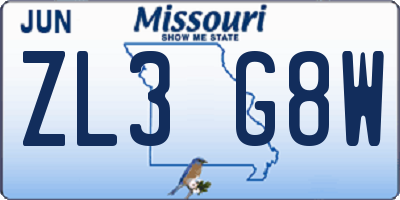 MO license plate ZL3G8W