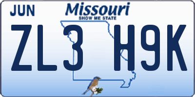 MO license plate ZL3H9K