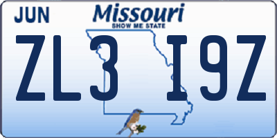 MO license plate ZL3I9Z