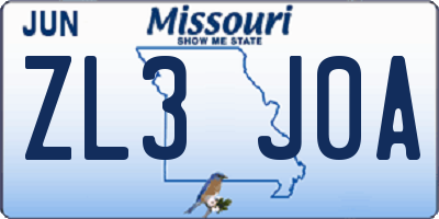 MO license plate ZL3J0A