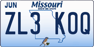 MO license plate ZL3K0Q