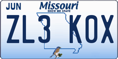 MO license plate ZL3K0X