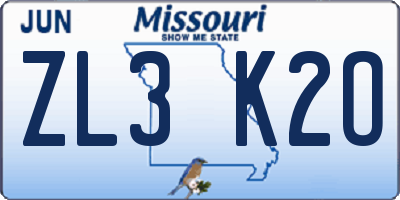 MO license plate ZL3K2O