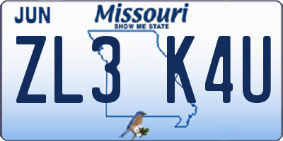 MO license plate ZL3K4U
