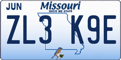 MO license plate ZL3K9E