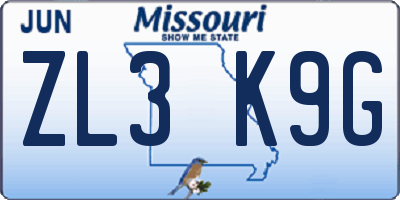 MO license plate ZL3K9G