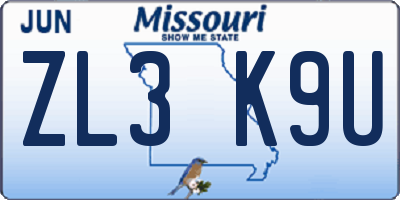 MO license plate ZL3K9U