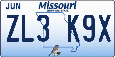 MO license plate ZL3K9X