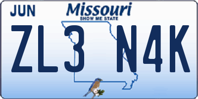 MO license plate ZL3N4K