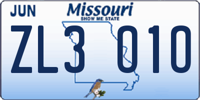 MO license plate ZL3O1O