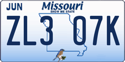 MO license plate ZL3O7K