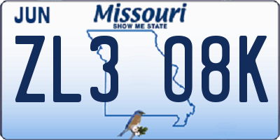 MO license plate ZL3O8K