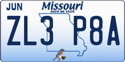 MO license plate ZL3P8A