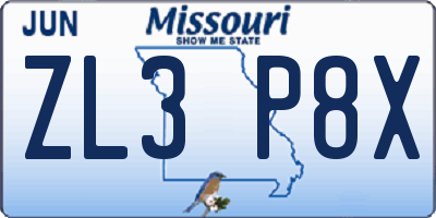 MO license plate ZL3P8X