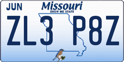 MO license plate ZL3P8Z