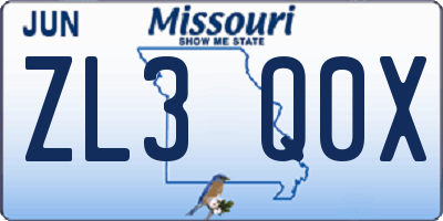 MO license plate ZL3Q0X