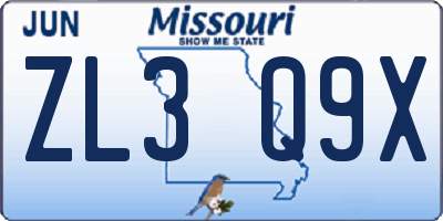 MO license plate ZL3Q9X