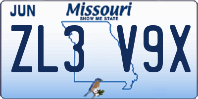 MO license plate ZL3V9X