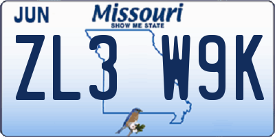 MO license plate ZL3W9K