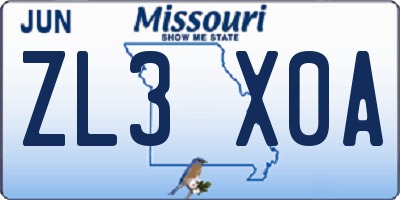 MO license plate ZL3X0A