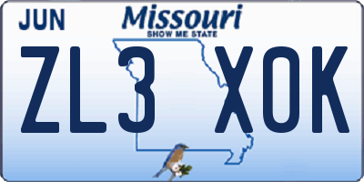 MO license plate ZL3X0K