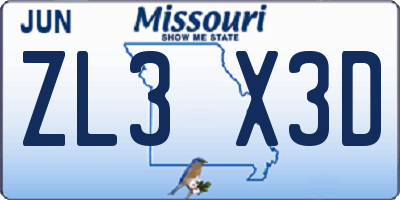 MO license plate ZL3X3D
