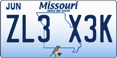MO license plate ZL3X3K
