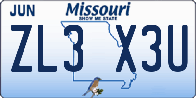 MO license plate ZL3X3U