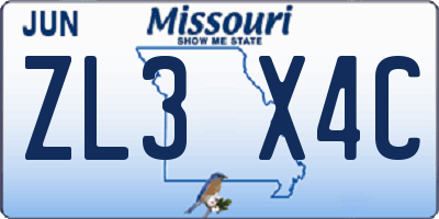MO license plate ZL3X4C